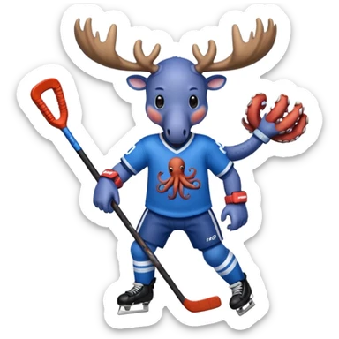 Moose playing hockey with blue jersey that has octopus on it sticker