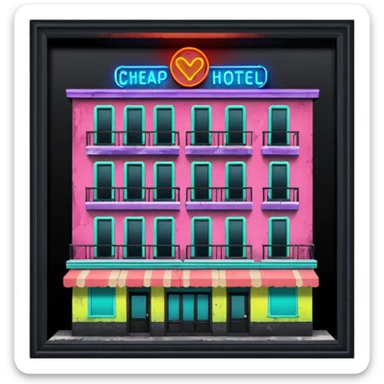Hotel barato con letrero de neón en la fachada. sticker