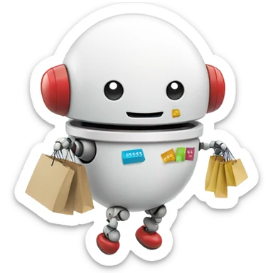 cute white floating spherical happy robot with floating shopping bags sticker