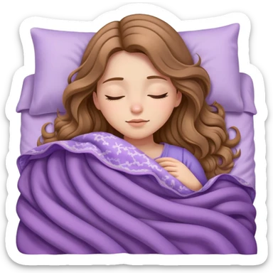 girl long wavy light brown hair sleeping in bed with lilac blanket sticker