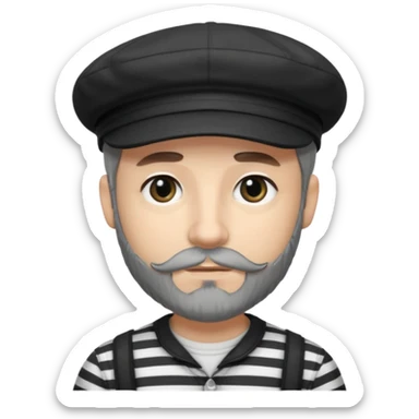 White Man with a dark grey beard and a black newsboy cap. He is wearing a black and white striped shirt. He has dark black eyeliner  sticker