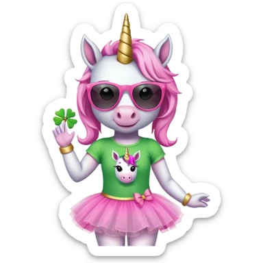friendly anthropomorphised female unicorn with horse-like face, in tutu and pink t-shirt, wearing dark sunglasses, holding a shamrock or wearing a green accessory for St. Patrick's Day sticker