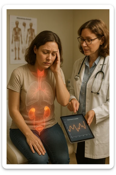 Realistic, vertical medical scene: a woman sits in a doctor’s office, looking fatigued and concerned. A semi-transparent overlay shows her internal organs, with the thyroid, ovaries, and adrenal glands glowing or pulsing in different colors to indicate hormonal imbalance. The doctor points to a digital tablet displaying fluctuating hormone levels. The mood is informative and empathetic. sticker