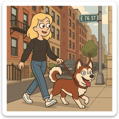 Cute Blonde woman wearing a black sweater and jeans and white sneakers walking a happy red-brown blue-eyed Siberian husky in New York City on an upper east side city sidewalk  sticker
