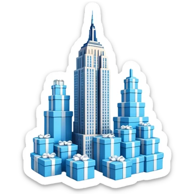 light blue Empire State Building with boxes stacked around, lively sticker