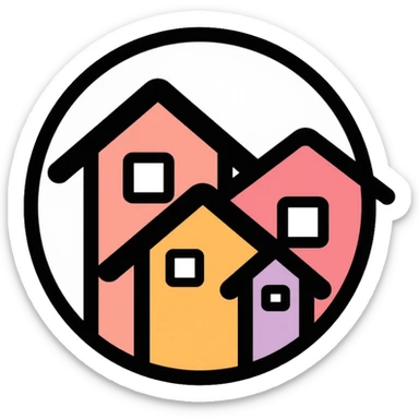 Community of houses in a circle, minimalist homelessness support logo sticker