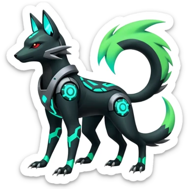 Black and green cyberpunk intricate neon glowing grey white futuristic cyborg-Zeraora-Zoroark-Umbreon-Litten-Salandit-fusion (full body) sticker