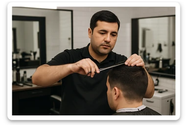 shu odamni sartaroshxonada mijozlarni sochini olayotganin  tasvirlab ber juda yosh ham katta ham bo'lmasin semiz ham bo'lib ketmasin o'smirin davrini yuzi ko'rinmasin sticker