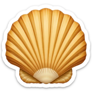 A madeleine pastry. Scalloped seashell shape with four to five vertical lines going in the same direction. Light golden brown. Scalloped edge. Cookie. Flat. Long. Oval shape sticker