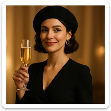 A woman wearing a beret holding a glass of champagne sticker