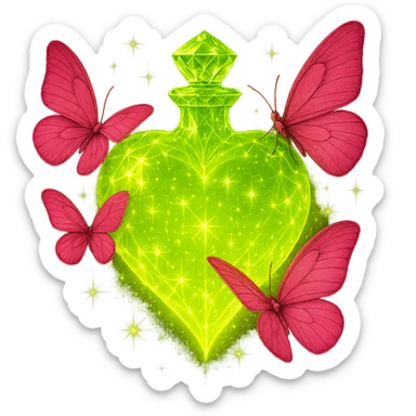 Make the neck of the bottle more crystal-like, elegant, and luxurious with faceted details to match the diamond heart shape. Keep everything else the same: strong glow, #c0ff53 liquid, pink butterflies, magical dust, and transparent background. The style should match the original image's magical and glowing aesthetic. sticker