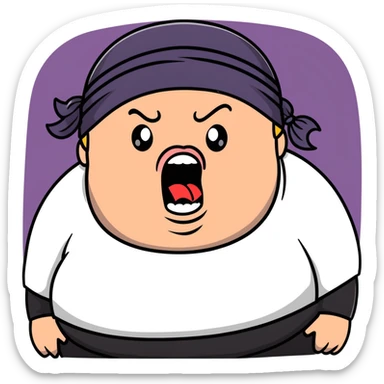 Super extreme tight close-up of just the face of morbidly obese white skin guy with young face, prominent BLACK DURAG tied clearly on head, black beard but no mustache, clean shaven upper lip, black eyes, mouth wide open screaming angrily sticker