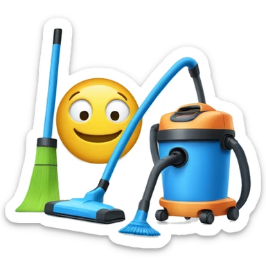 broom and vacuum cleaner, set against a blue background of a home cleaning session sticker