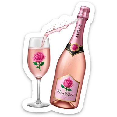 bottle of sparkling rose champagne tilted up and to the right, with a rose logo sticker