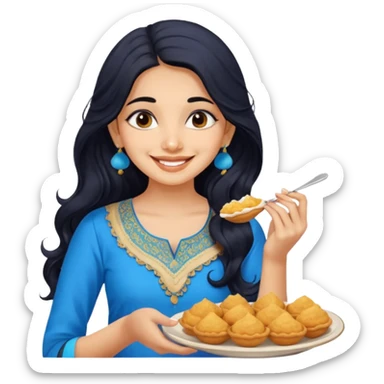 a pretty indian bratz girl with wavy long black hair. eyeliner on, wearing a blue kurti, eating golgappa sticker