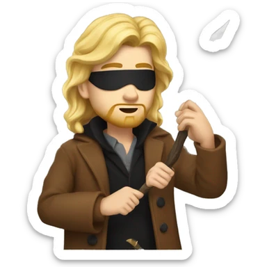 A young man with long blonde hair like waterfall, long blonde beard, red left eye, black right eyepatch, wearing a brown animal coat and holding a golden awl. sticker