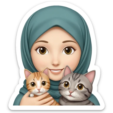 White girl wearing hijab holding a black grey tabby cat while smiling sticker