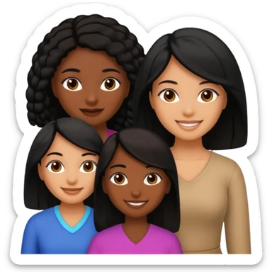 a group of 3 women, one is black, one is asian, one is indian, they all have black hair sticker