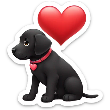 sitting black labrador puppy is holding a heart sticker