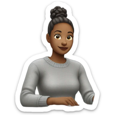 Woman with short ponytail and gray sweater sitting at table with Apple laptop sticker