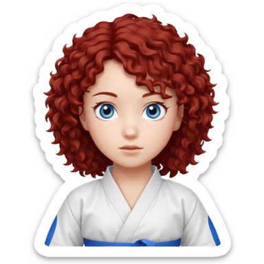 generate a young girl with dark red curly hair, blue eyes. in a white karate outfit  sticker
