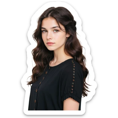 27 year old Caucasian woman with fair skin, brown eyes, long wavy dark brown hair, wearing a black top with a button sticker