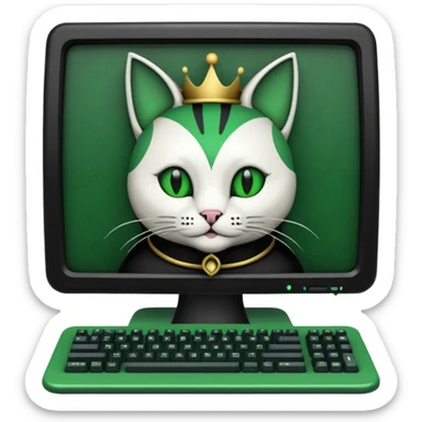 mac os icon code computer retro terminal, black, green white, fantasy court jester cat draw as ASCII GREEN code inside the terminal sticker