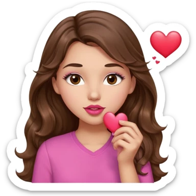 girl with long wavy brown hair, brown eyes, light to medium complexion, in a pink shirt, pink lips, long lashes, puckering up for a kiss, kiss lips and big heart in hand sticker