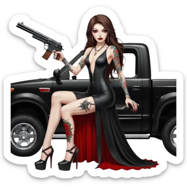 Lilith symbol red eye seductress evil long brown haired sexy succubus woman with leather long dress with slit, sitting in Big Large F350 pickup truck. Black Platform high heels on feet. Tattoo sleeve arms, seat full of stacks of cash, and a man dead human skull of her enemies and a gun in other hand sticker