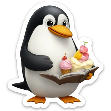 pinguin having an icecream and reading a book sticker