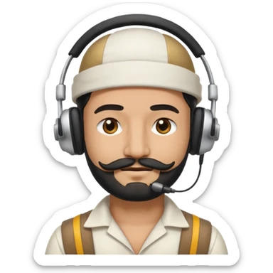 Half body man wearing white topi, lapray, black beard and moustache, headphones, eyes closed, realistic emoji style. sticker