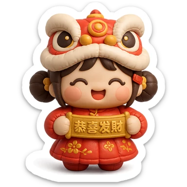 cute chibi girl in red embroidered skirt, gold hair accessories, red envelope hair clip, cartoon lion dance helmet, holding gold '恭喜发财' banner with both hands, smiling, full body, main colors red and gold, strong Chinese New Year vibe, cushion style sticker