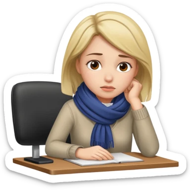 Person sitting at desk, looking tired, winter outside, woman  sticker
