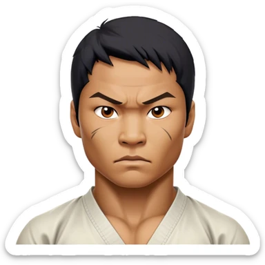 ​Cinematic Realistic Portrait of Tony Jaa, a close-up depiction capturing his intense, determined expression and finely detailed features, rendered with dramatic natural lighting that emphasizes his rugged athleticism and unmistakable martial arts presence, sticker