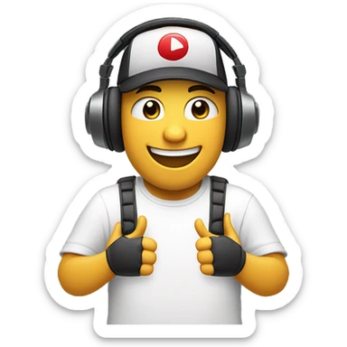 An emoji of a gamer wearing large headphones and a backward baseball cap, laughing with an open mouth. The eyes are closed from laughter, and one hand is raised, giving a thumbs-up gesture. The background is simple and non-distracting. sticker