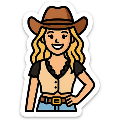 Make the cowgirl's skin lighter, hair lighter blonde, give her rounder cheeks, a big smile, longer eyelashes, and a black lace shirt. Keep the background transparent. sticker
