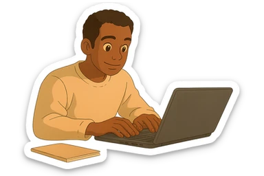 Remove the background, leaving only the main character, his desk, and his computer in Ghibli style with a transparent background. sticker