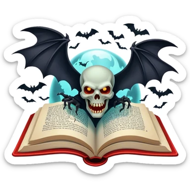 Icon for Horror & Mystery Reading: an open book with eerie glowing symbols, from which rise vampire Dracula with fangs, flying bats, a zombie hands, skulls. Surrounding elements. Transparent background. sticker
