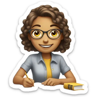 White Smart girl doing Homework on a desk with happy face sticker