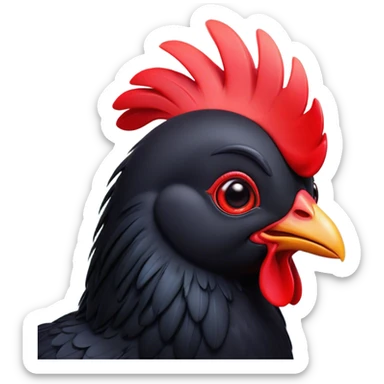 Cinematic Cute Black Chicken Portrait Emoji, Head tilted playfully and inquisitively, featuring sleek, lustrous black feathers and a vibrant red comb, round, sparkling beady eyes filled with curiosity, Simplified yet irresistibly adorable features, highly detailed, glowing with a warm, friendly glow, high shine, affectionate and lively, stylized with a touch of whimsical charm, bright and endearing, soft glowing outline, capturing the essence of a mischievous yet loving chicken, so playful it feels like it could peck out of the screen and into your arms! sticker