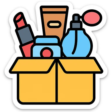 an opened box with various beauty items spilling out, including makeup, skincare, and perfume sticker