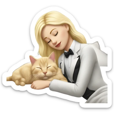 White girl blonde hair sleeping with tuxedo kitty sticker