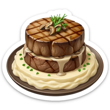 Filet with mashed potato’s and mushroom gravy with grilled onions sticker