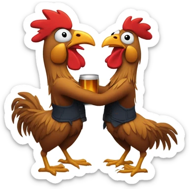 roosters hugging and drinking beer as brothers sticker