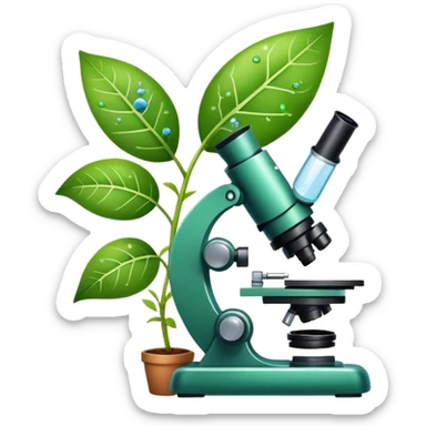An icon featuring a microscope, a DNA strand, and a plant, symbolizing biology. The design includes animal cells, a leaf, and scientific formulas, representing the study of living organisms and ecosystems. Transparent background highlights biological research and discovery. sticker
