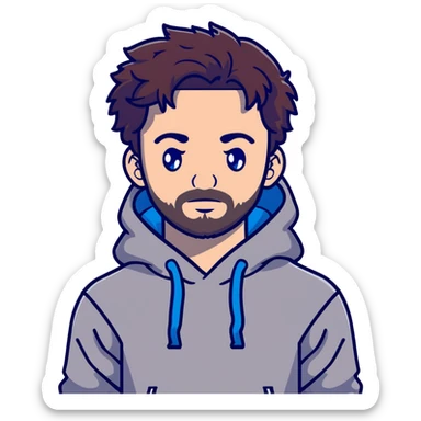 Full body Adult male with blue eyes and dark redish messy hair and trimmed facial hair wearing a gray puma brand hoodie  sticker