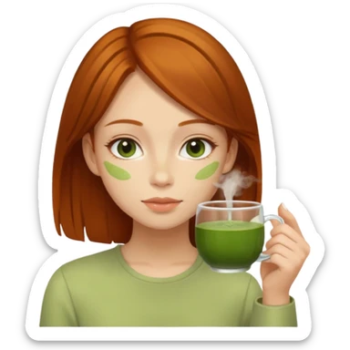 girl with brown and ginger hair drinking a matcha tea sticker