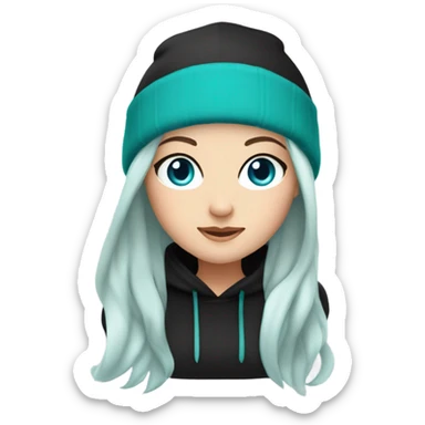 White girl, black hoodie, long teal hair, purple beanie hat, blue eyes sticker