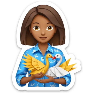 happy-african-young-girl-with-brown-african-hair-in-a-white-colorful-vintage-kanga-shirt-holds-an-origami-yellow-and-blue-crane sticker