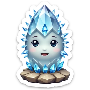 A single cute crystal rock character inspired by a clear quartz cluster, chunky round base with many tall transparent crystal spikes growing upward all around it  sticker